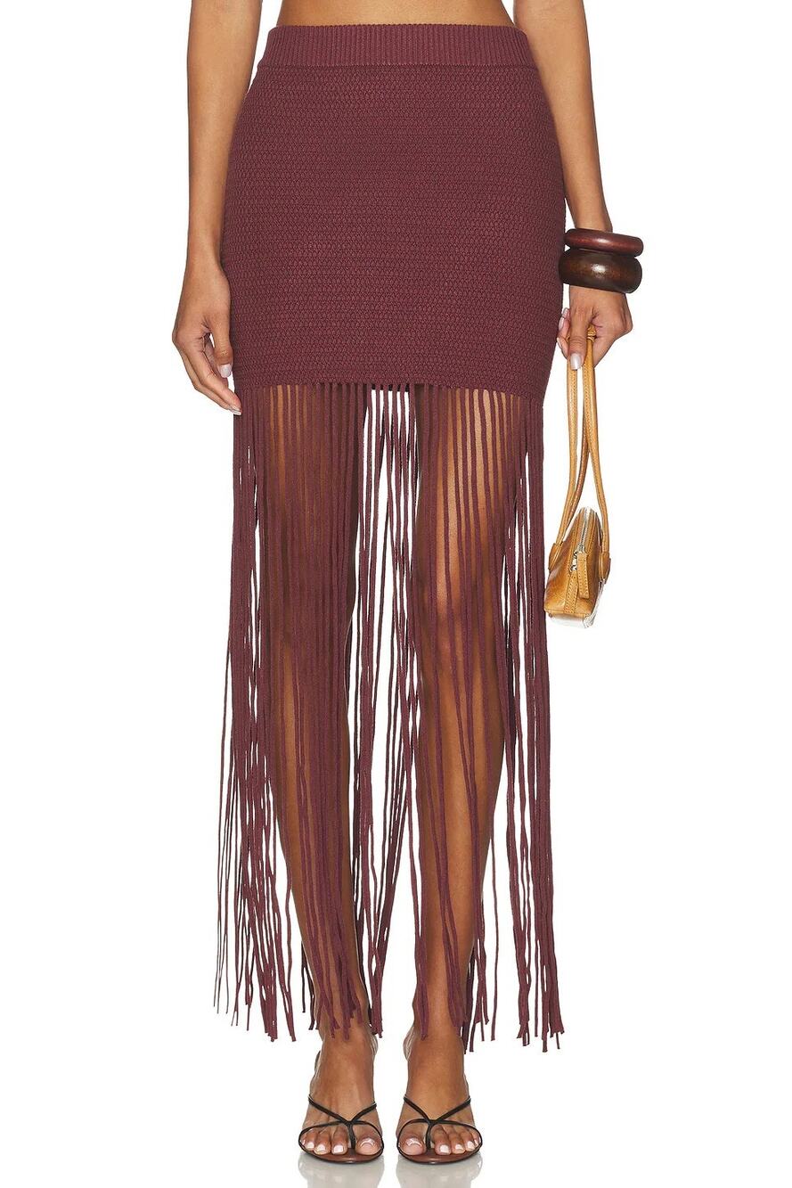 OSIS STUDIO Libby Maxi Skirt Knit Fringe Boho Festival Resort Western Vacation M